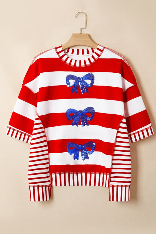Americana Stripe Sequin Bow Short Sleeve Top - Rooted & Reckless Co.