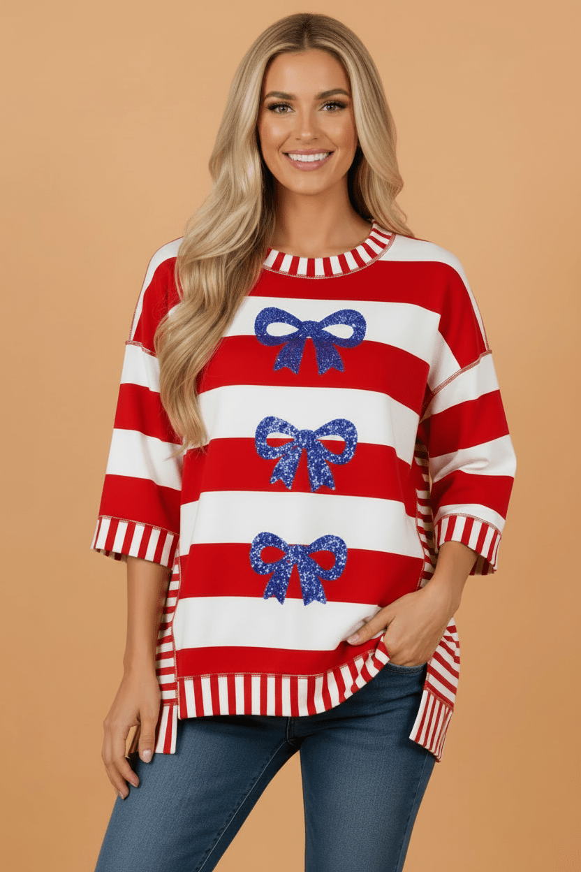 Americana Stripe Sequin Bow Short Sleeve Top - Rooted & Reckless Co.