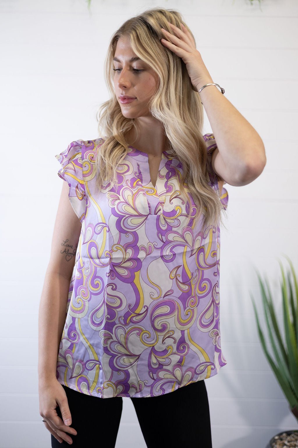 Andrée by Unit Lilac Split Neckline Western Satin Blouse — Flowy Sleeves Non-Sheer Summer Top (small and large remain) - Rooted & Reckless Co.