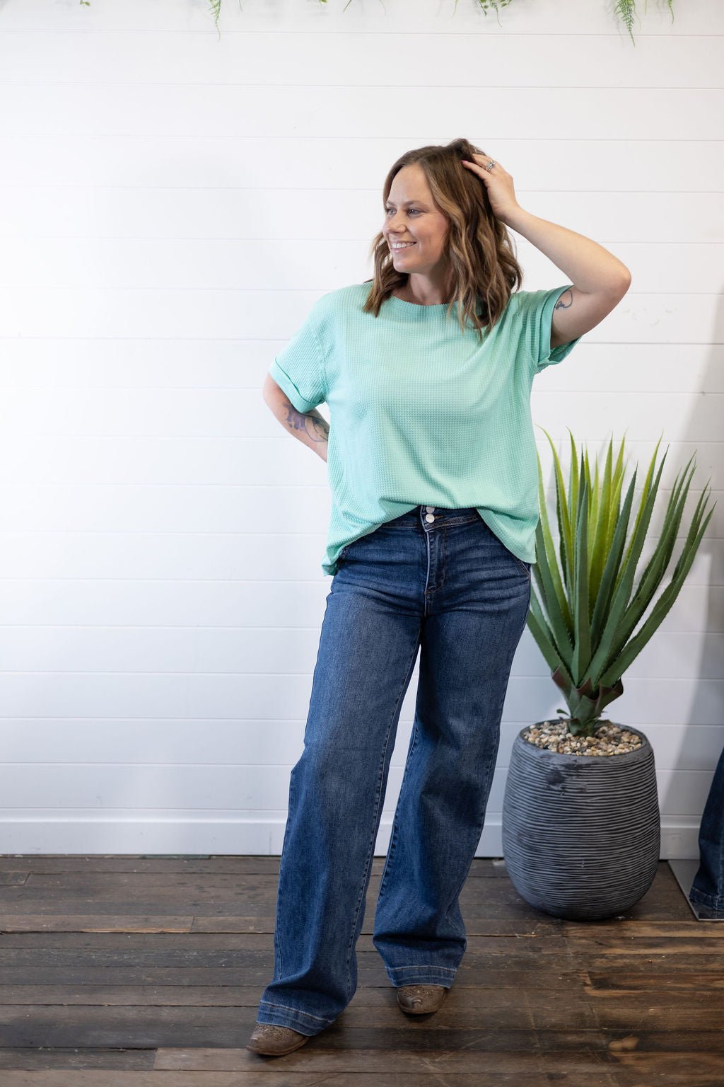 Andrée by Unit "Santa Anna" Two-Tone Short Sleeve Textured Western Top — Stretchy Knit with Raw-Edged Back Patch (5 Colors) - Rooted & Reckless Co.