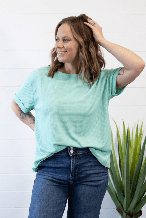 Andrée by Unit "Santa Anna" Two-Tone Short Sleeve Textured Western Top — Stretchy Knit with Raw-Edged Back Patch (5 Colors) - Rooted & Reckless Co.