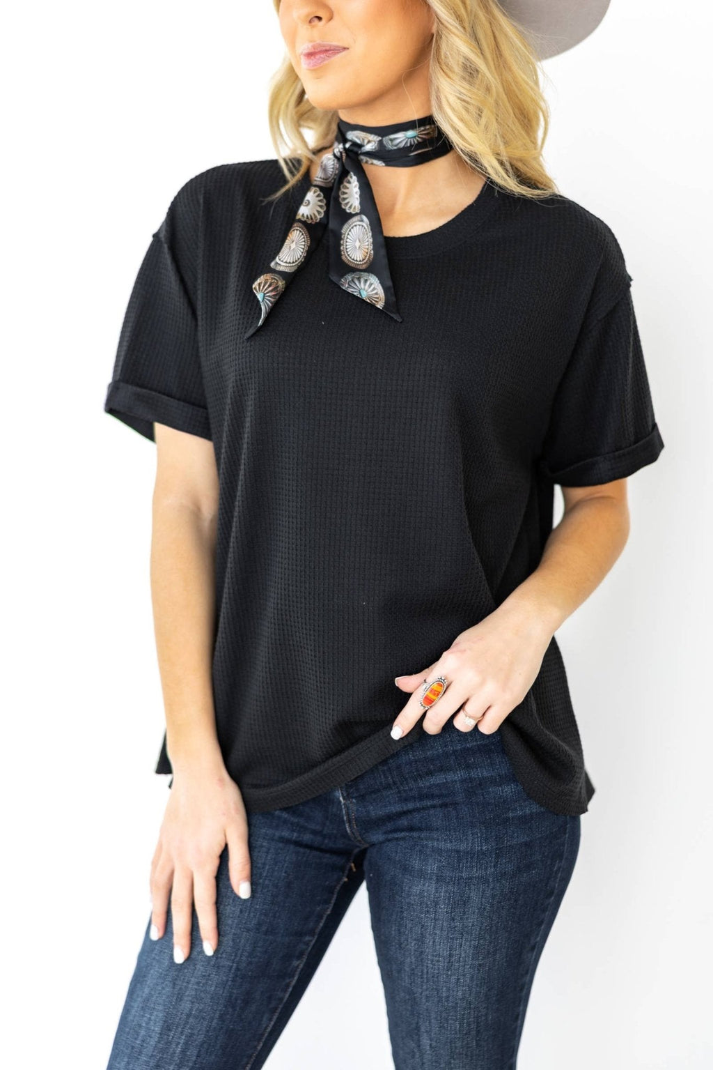 Andrée by Unit "Santa Anna" Two-Tone Short Sleeve Textured Western Top — Stretchy Knit with Raw-Edged Back Patch (5 Colors) - Rooted & Reckless Co.