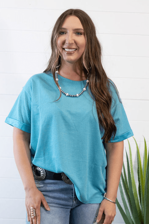 Andrée by Unit "Santa Anna" Two-Tone Short Sleeve Textured Western Top — Stretchy Knit with Raw-Edged Back Patch (5 Colors) - Rooted & Reckless Co.