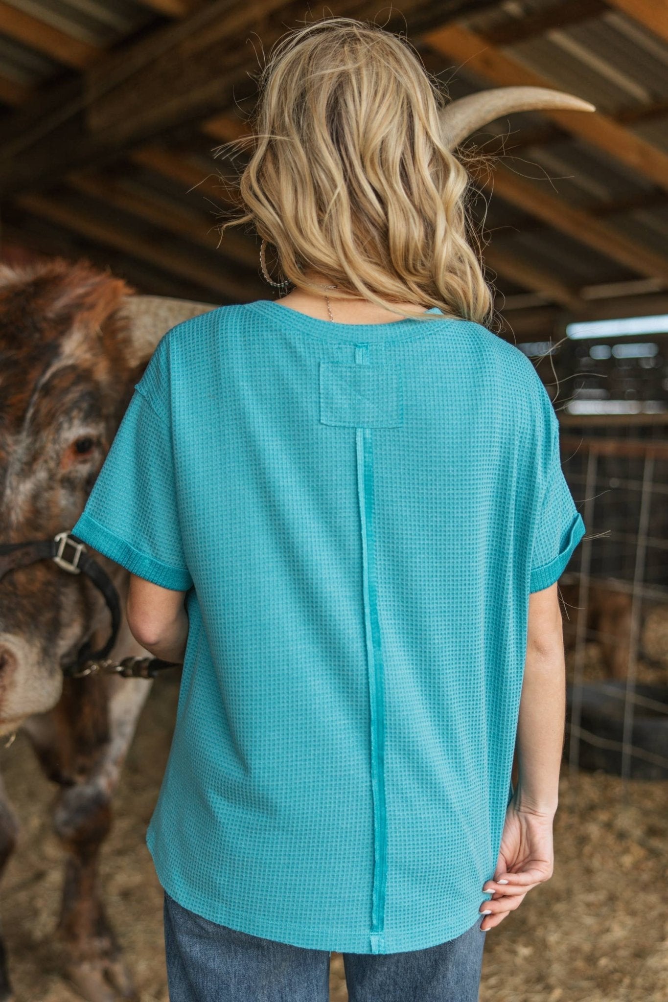 Andrée by Unit "Santa Anna" Two-Tone Short Sleeve Textured Western Top — Stretchy Knit with Raw-Edged Back Patch (5 Colors) - Rooted & Reckless Co.