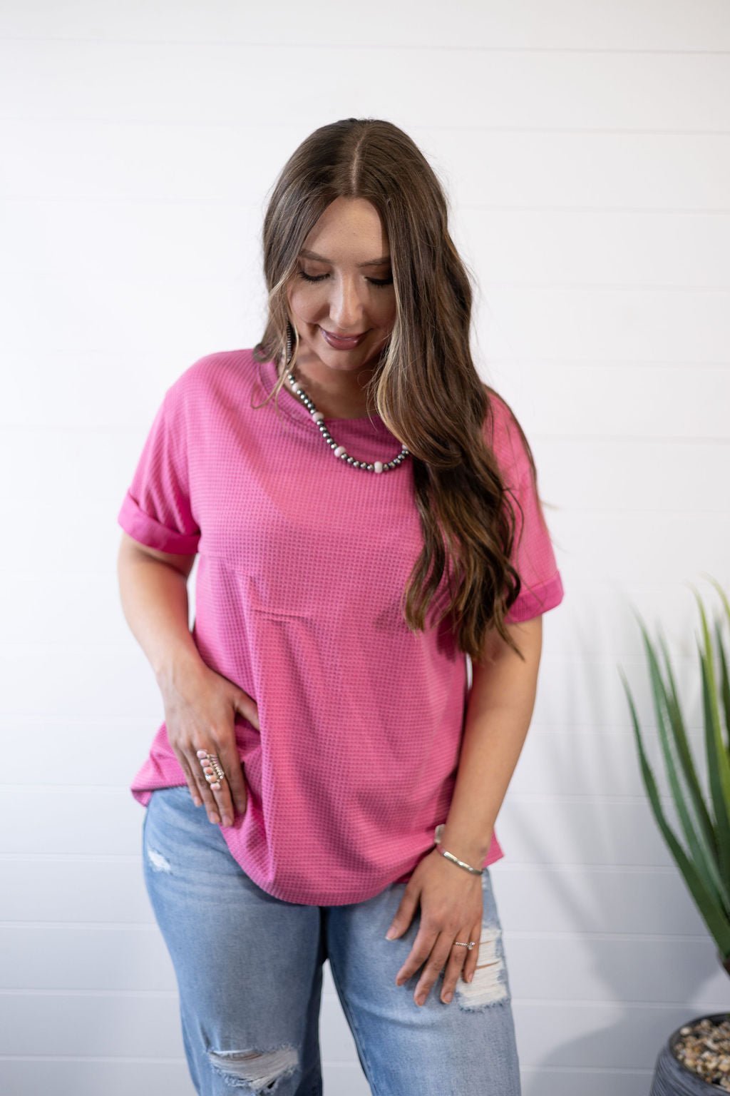 Andrée by Unit "Santa Anna" Two-Tone Short Sleeve Textured Western Top — Stretchy Knit with Raw-Edged Back Patch (5 Colors) - Rooted & Reckless Co.