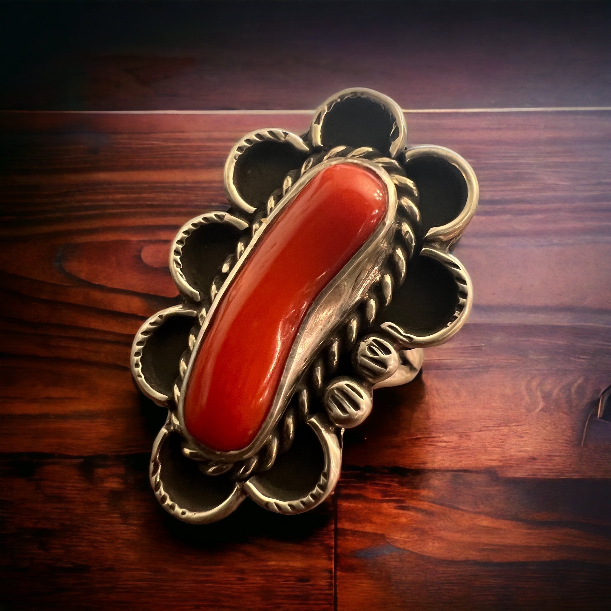 Annie Chapo Hand-Stamped Sterling Silver Coral Ring — Size 7 (Vintage Native American) - Rooted & Reckless Co.