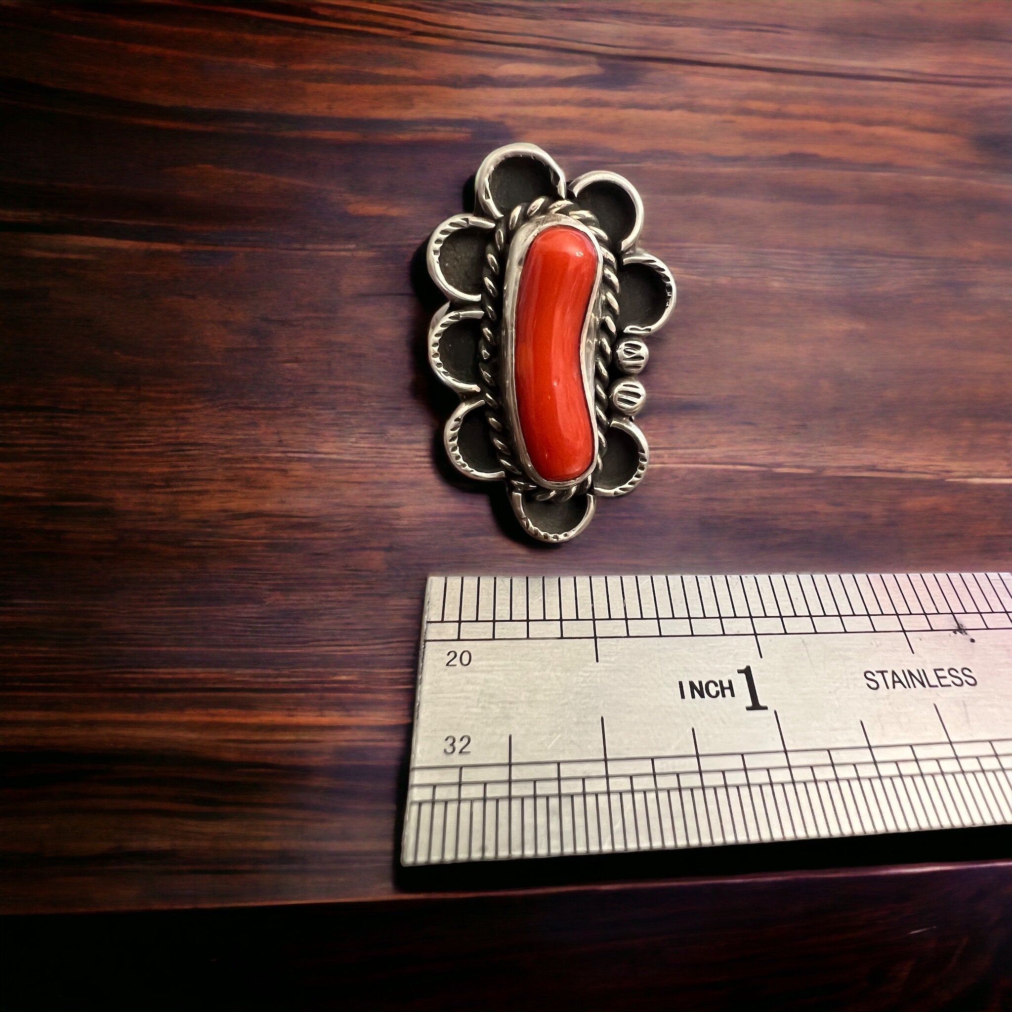 Annie Chapo Hand-Stamped Sterling Silver Coral Ring — Size 7 (Vintage Native American) - Rooted & Reckless Co.
