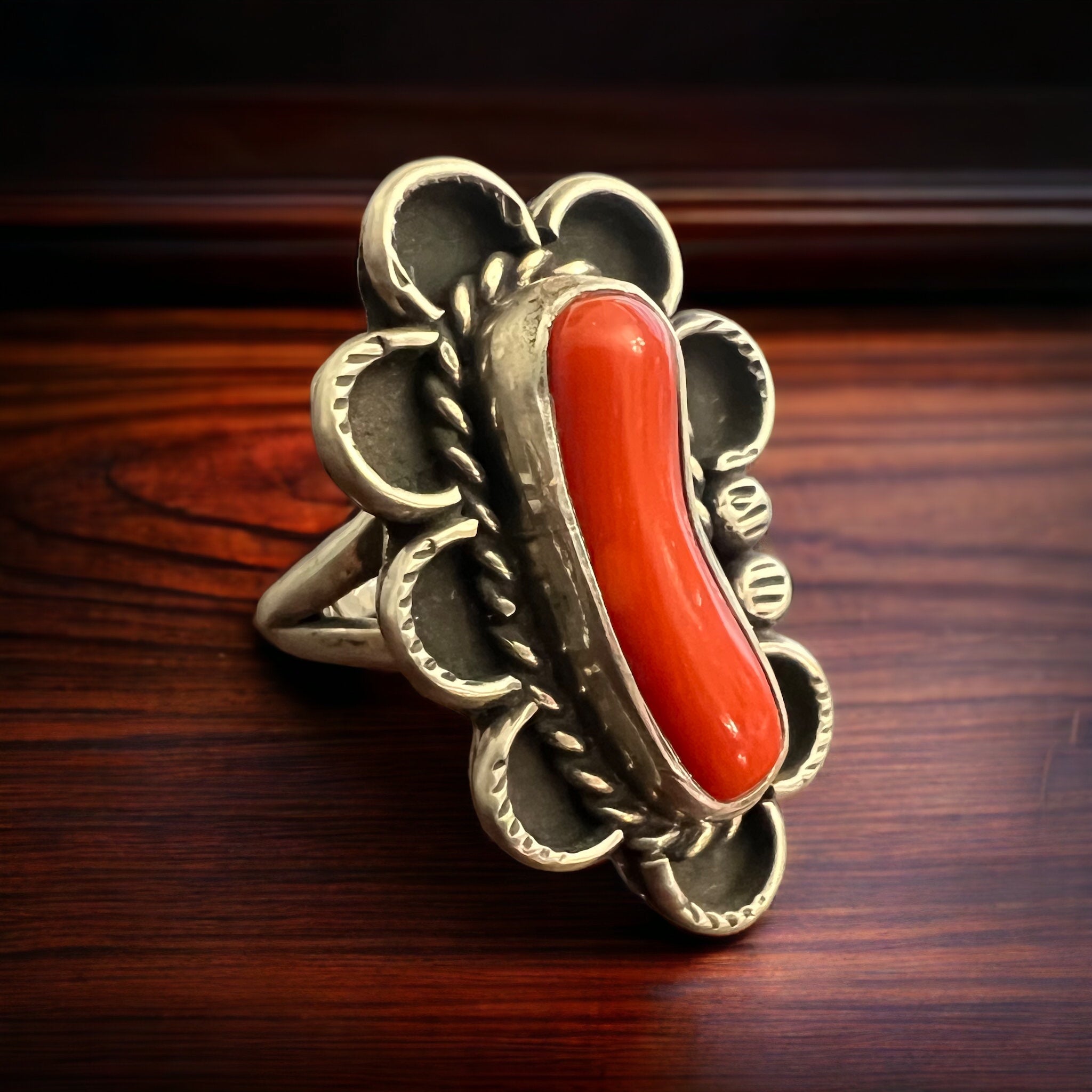 Annie Chapo Hand-Stamped Sterling Silver Coral Ring — Size 7 (Vintage Native American) - Rooted & Reckless Co.
