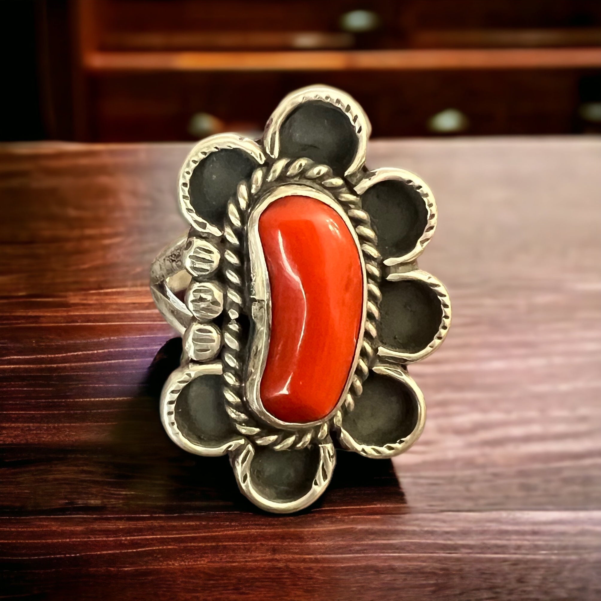 Annie Chapo Hand-Stamped Sterling Silver Coral Ring — Size 7 (Vintage Native American) - Rooted & Reckless Co.