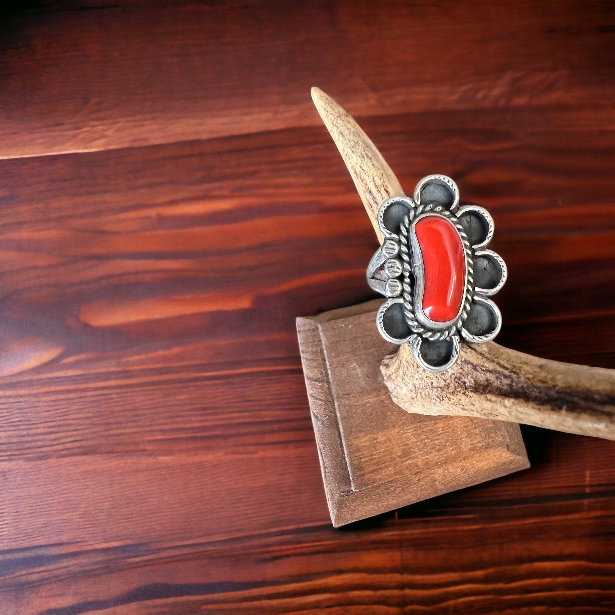 Annie Chapo Hand-Stamped Sterling Silver Coral Ring — Size 7 (Vintage Native American) - Rooted & Reckless Co.