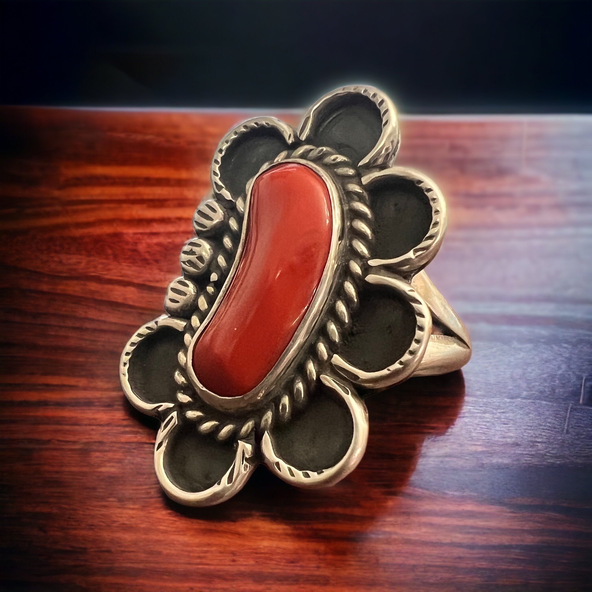Annie Chapo Hand-Stamped Sterling Silver Coral Ring — Size 7 (Vintage Native American) - Rooted & Reckless Co.