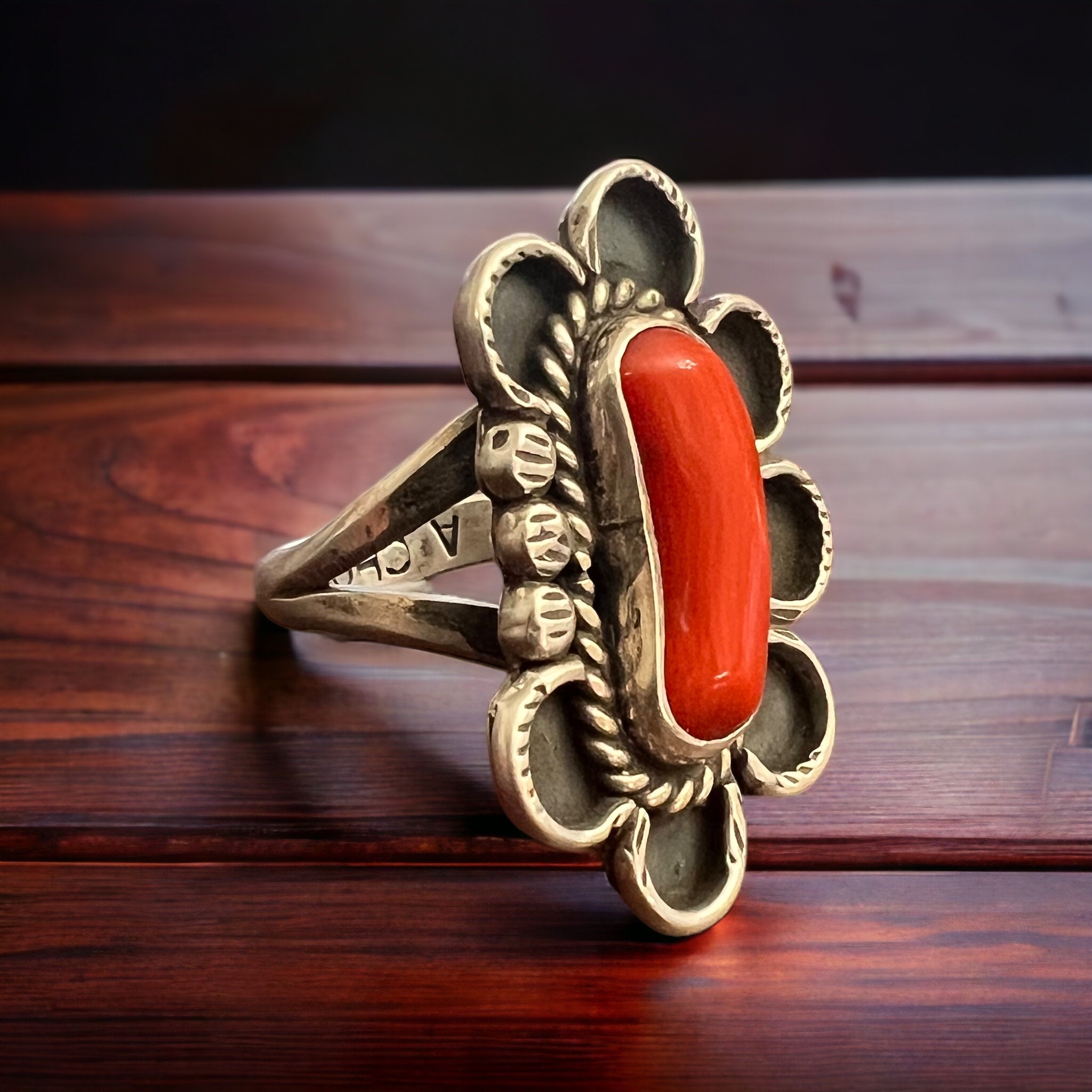 Annie Chapo Hand-Stamped Sterling Silver Coral Ring — Size 7 (Vintage Native American) - Rooted & Reckless Co.