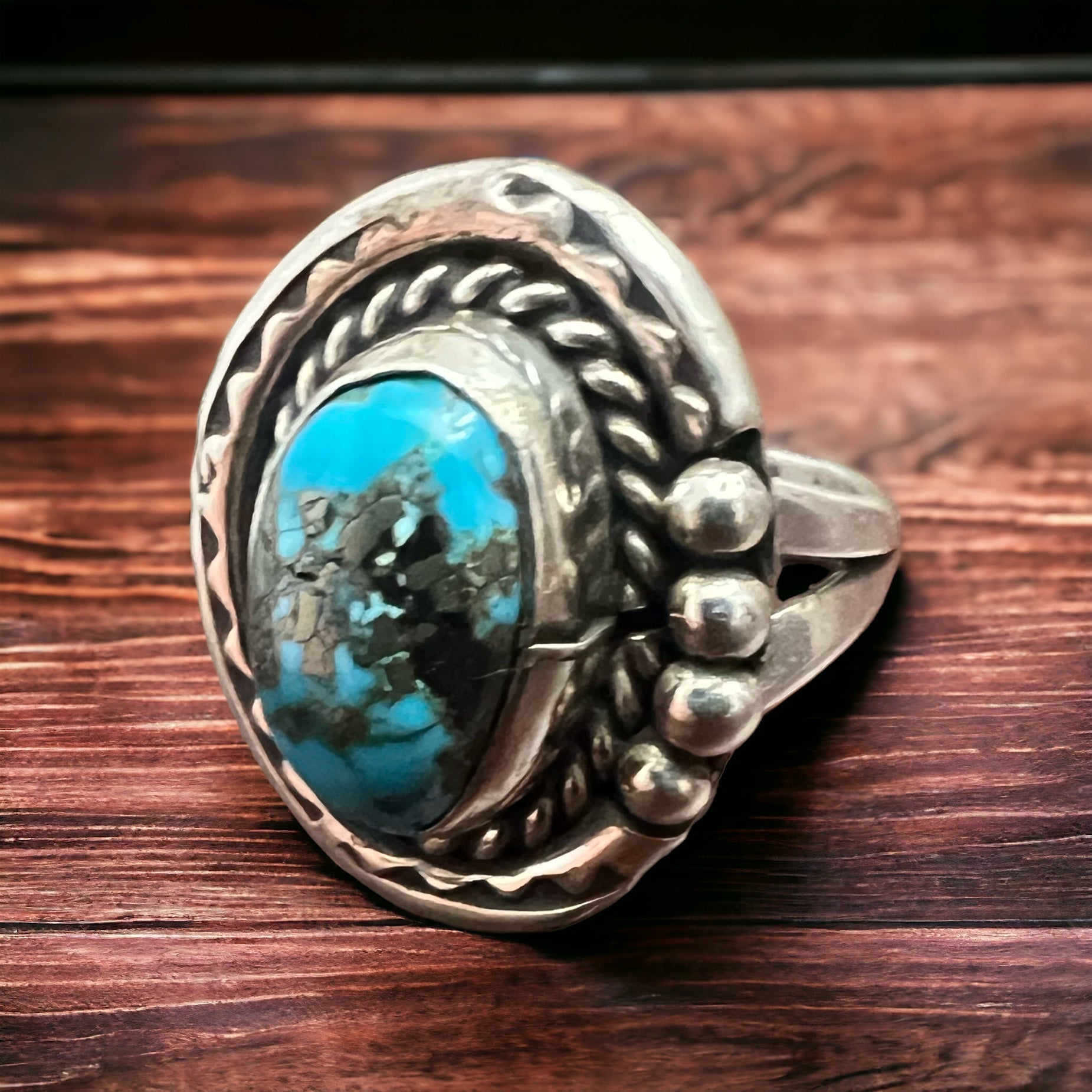 Annie Chapo Signed Vintage Navajo Sterling Turquoise Ring — Size 7 (Pyrite Matrix) - Rooted & Reckless Co.