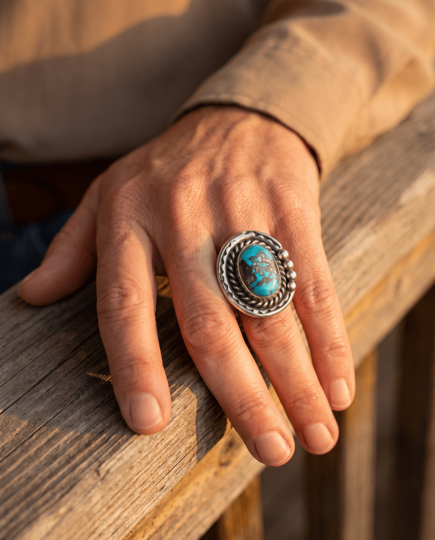 Annie Chapo Signed Vintage Navajo Sterling Turquoise Ring — Size 7 (Pyrite Matrix) - Rooted & Reckless Co.