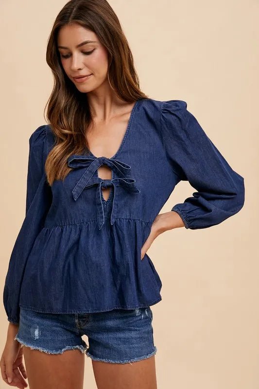 Annie Wear Tie Front Peplum Long Sleeve Denim Top - Rooted & Reckless Co.