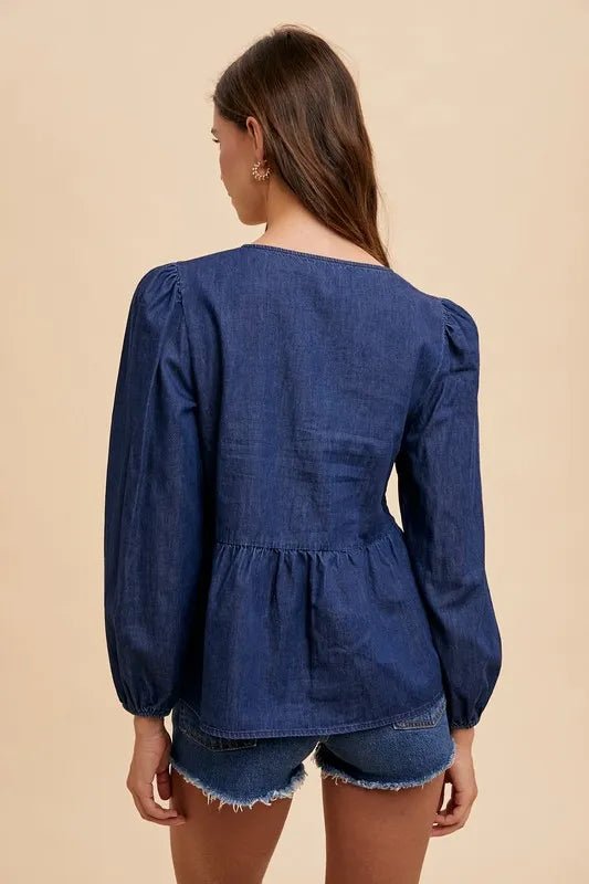 Annie Wear Tie Front Peplum Long Sleeve Denim Top - Rooted & Reckless Co.