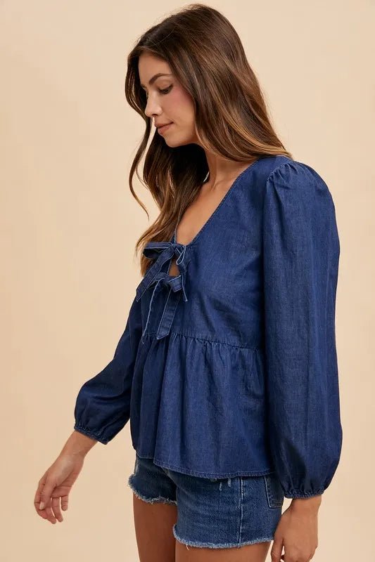 Annie Wear Tie Front Peplum Long Sleeve Denim Top - Rooted & Reckless Co.