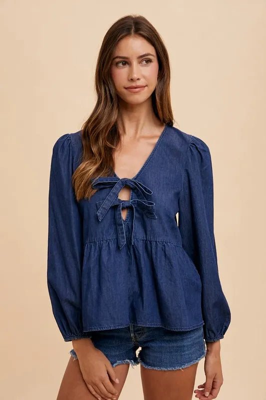 Annie Wear Tie Front Peplum Long Sleeve Denim Top - Rooted & Reckless Co.