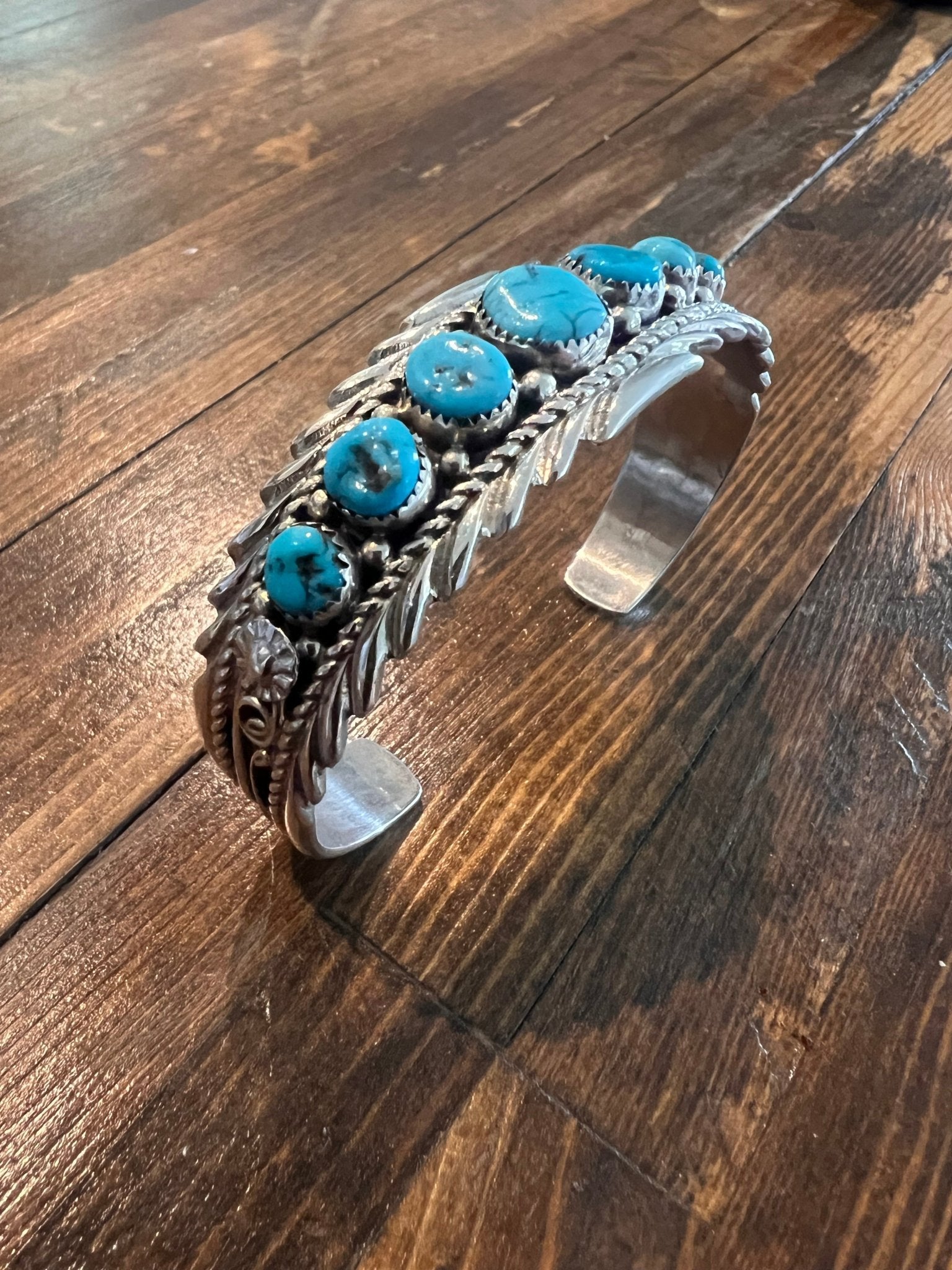 Anthony Brown Navajo Sterling Silver Bracelet with Kingman Turquoise — 6 5/8" Wrist (Hallmark "Anthony B") - Rooted & Reckless Co.