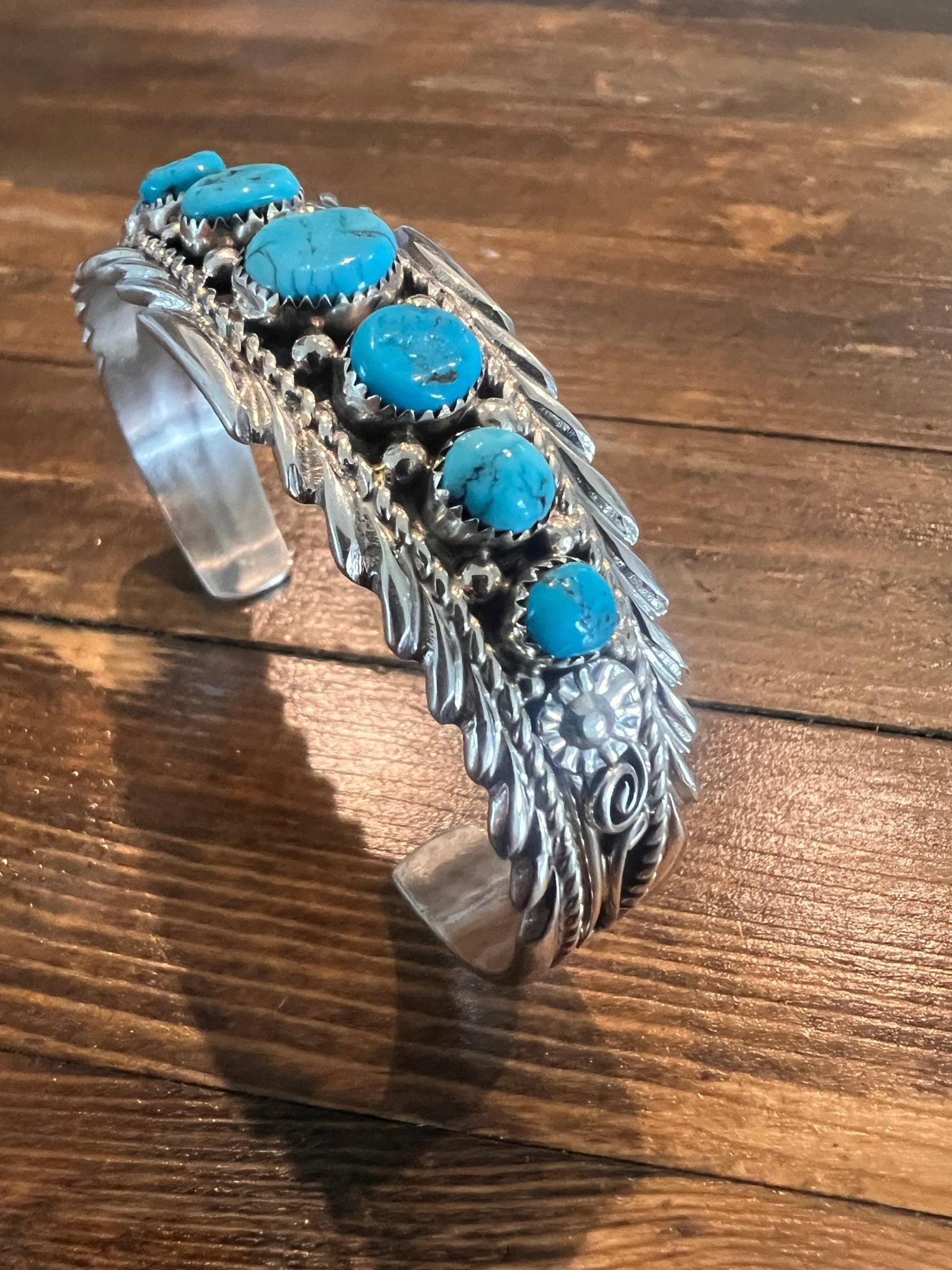 Anthony Brown Navajo Sterling Silver Bracelet with Kingman Turquoise — 6 5/8" Wrist (Hallmark "Anthony B") - Rooted & Reckless Co.