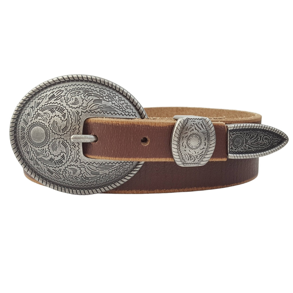 Antique Silver Buckle Vintage Skinny Leather Belt - Rooted & Reckless Co.