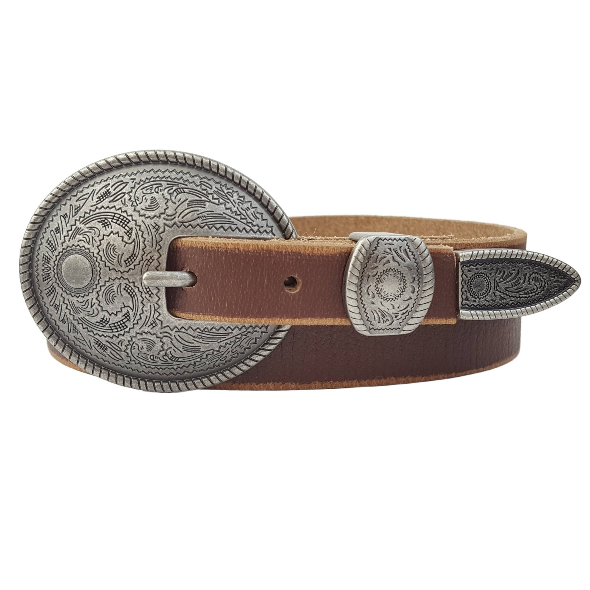 Antique Silver Buckle Vintage Skinny Leather Belt - Rooted & Reckless Co.