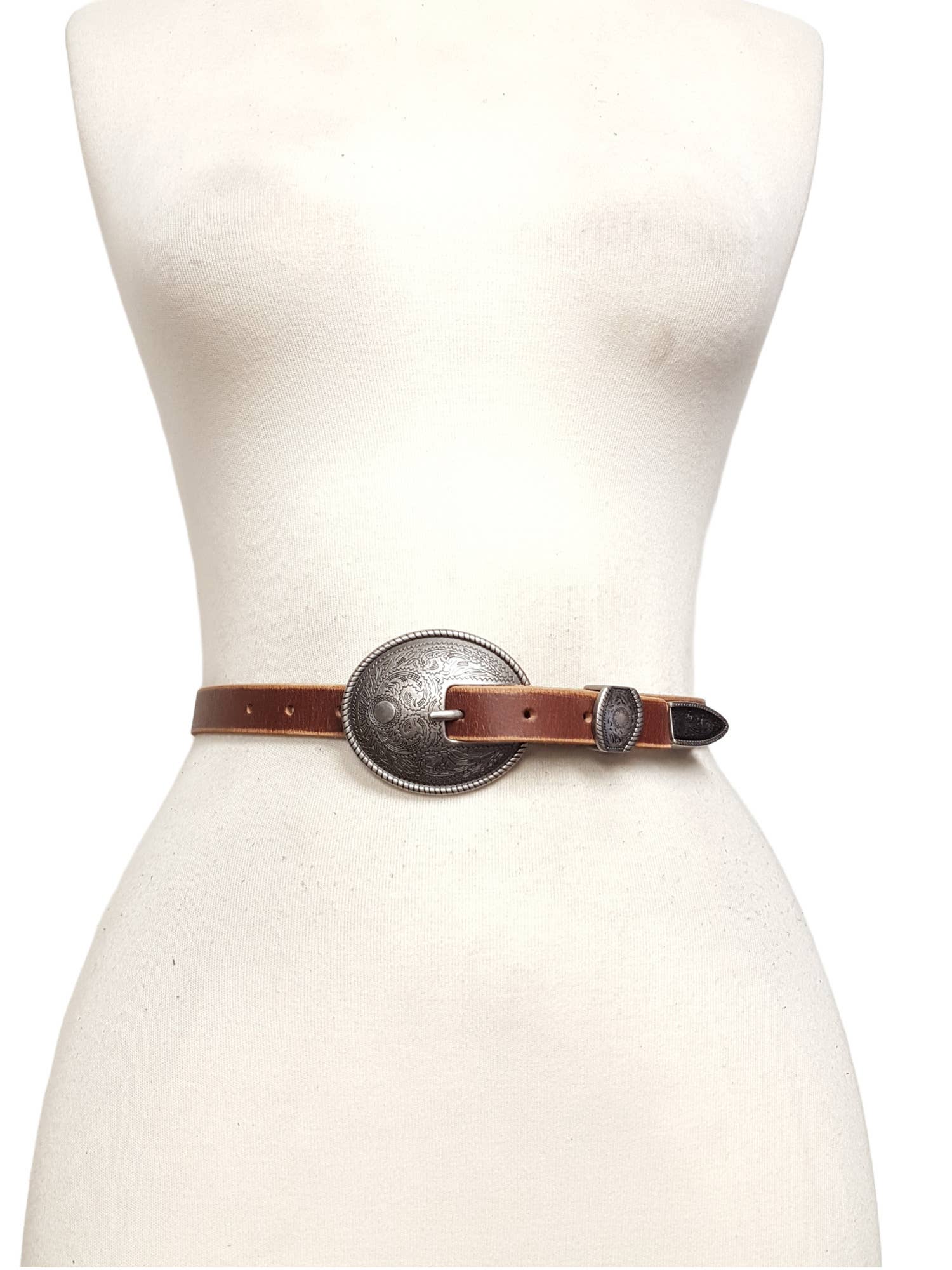 Antique Silver Buckle Vintage Skinny Leather Belt - Rooted & Reckless Co.