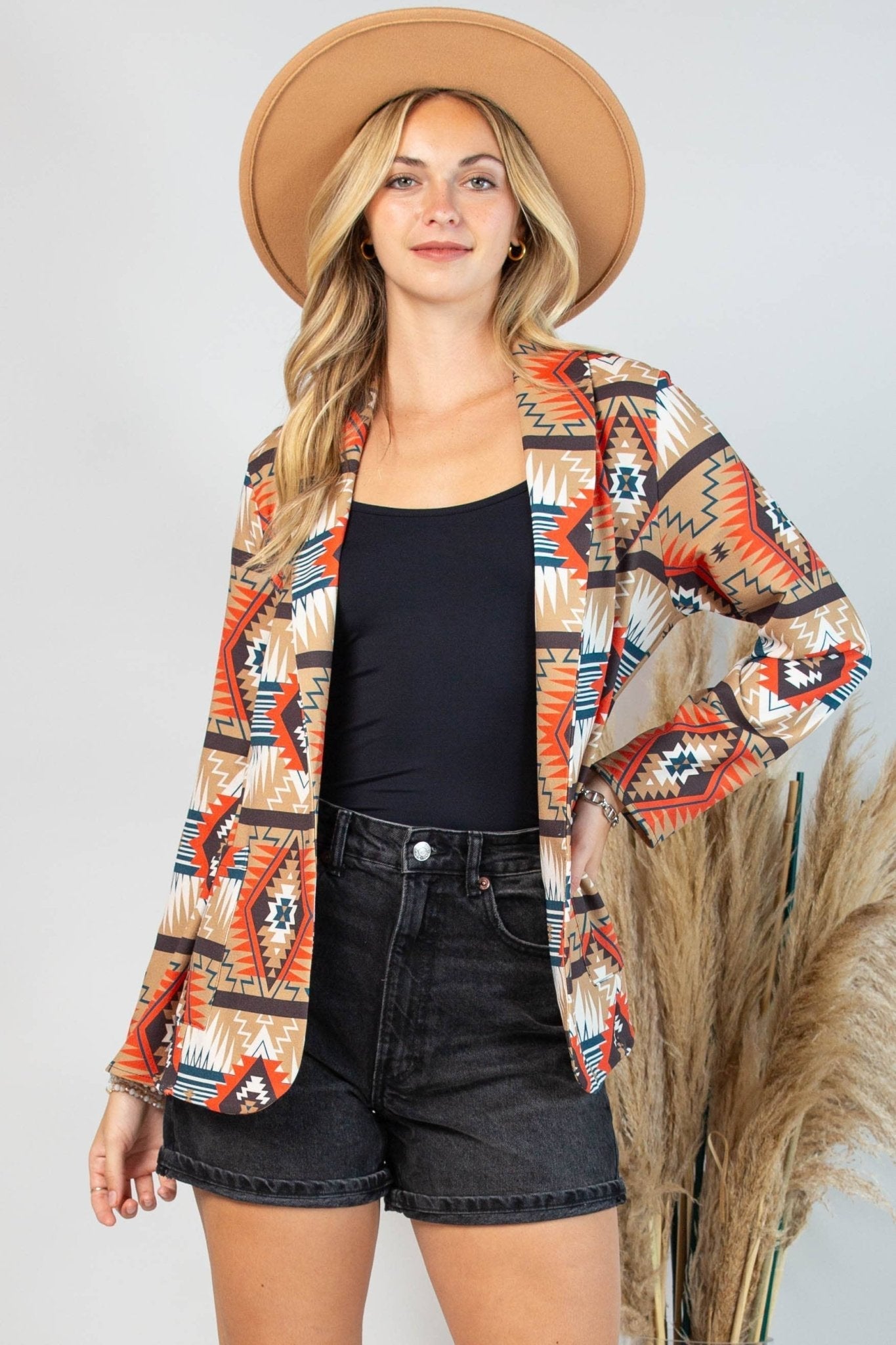 Avery "Ella" Aztec Print Western Blazer — Bold Aztec Design with Functional Pocket (medium remaining) - Rooted & Reckless Co.