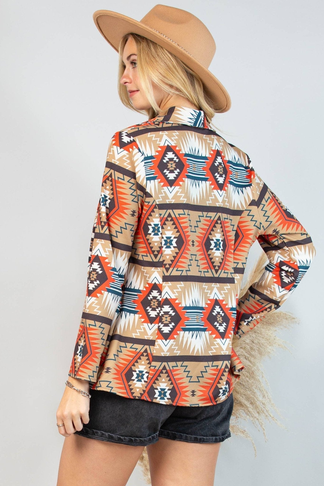 Avery "Ella" Aztec Print Western Blazer — Bold Aztec Design with Functional Pocket (medium remaining) - Rooted & Reckless Co.