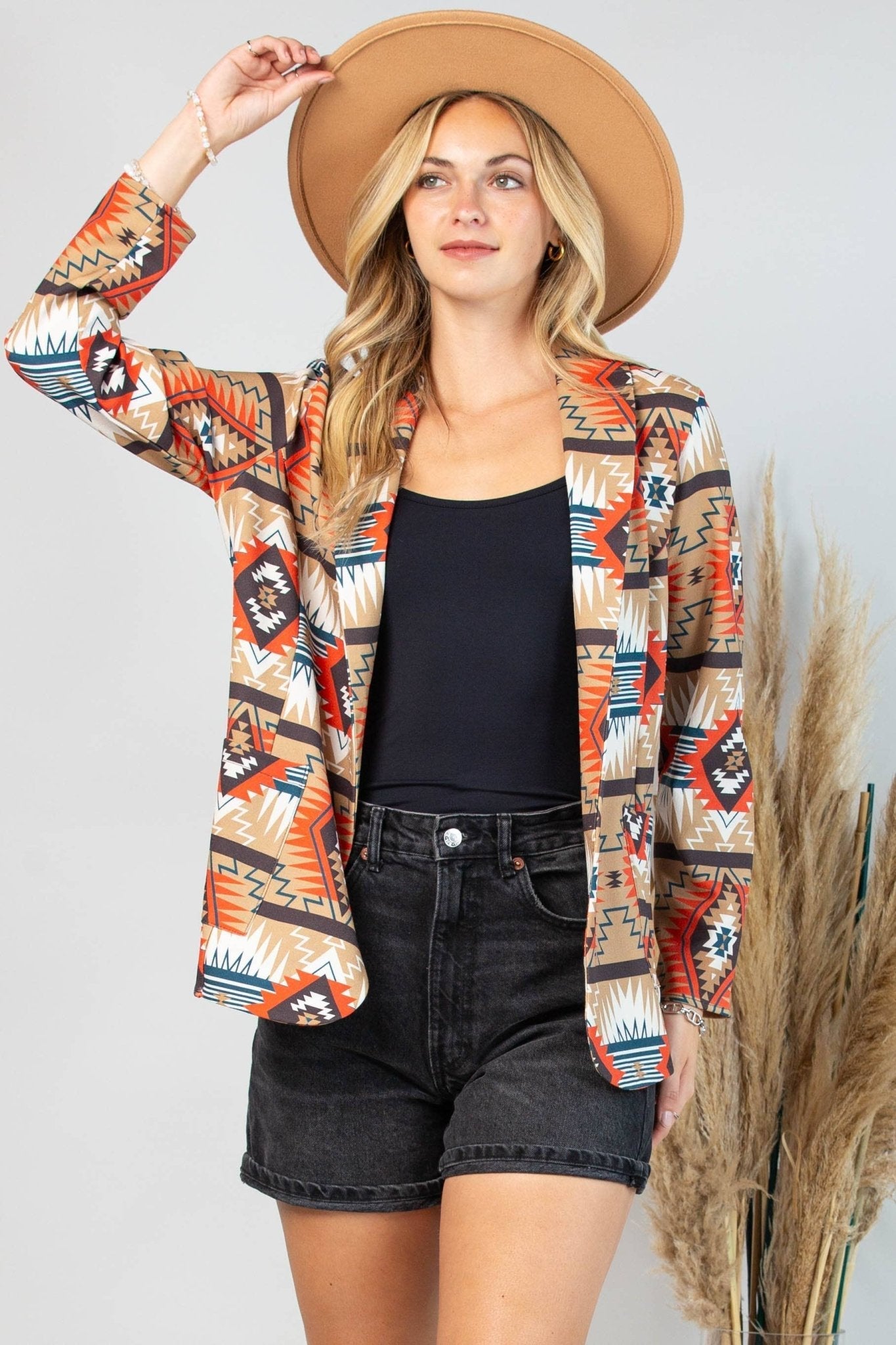 Avery "Ella" Aztec Print Western Blazer — Bold Aztec Design with Functional Pocket (medium remaining) - Rooted & Reckless Co.