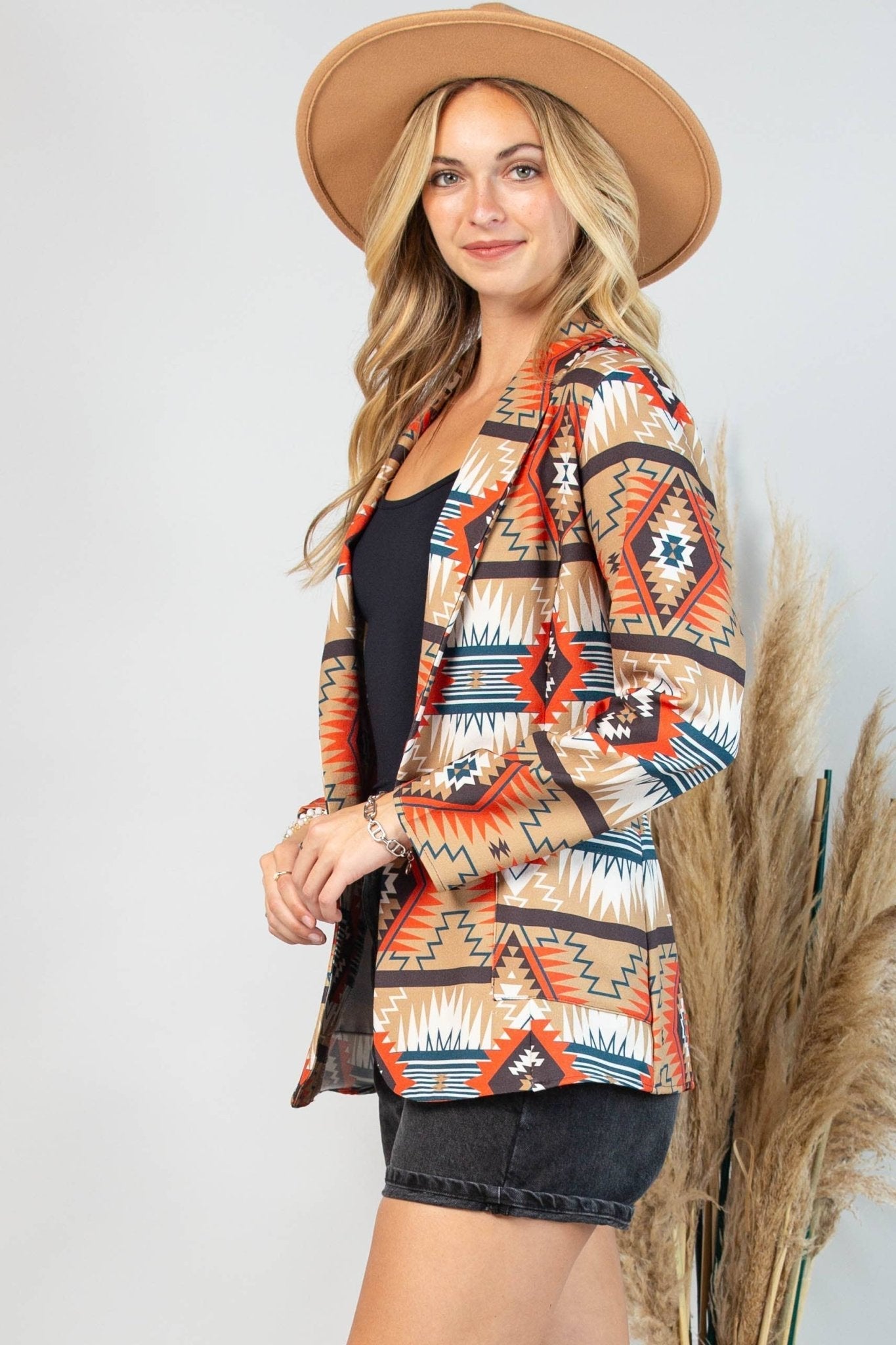Avery "Ella" Aztec Print Western Blazer — Bold Aztec Design with Functional Pocket (medium remaining) - Rooted & Reckless Co.
