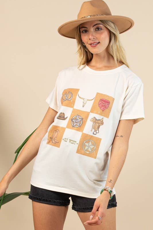 Avery "Maggie" Western Elements Retro Checker Graphic Tee — Iconic Western Checkerboard Print with Relaxed Fit - Rooted & Reckless Co.