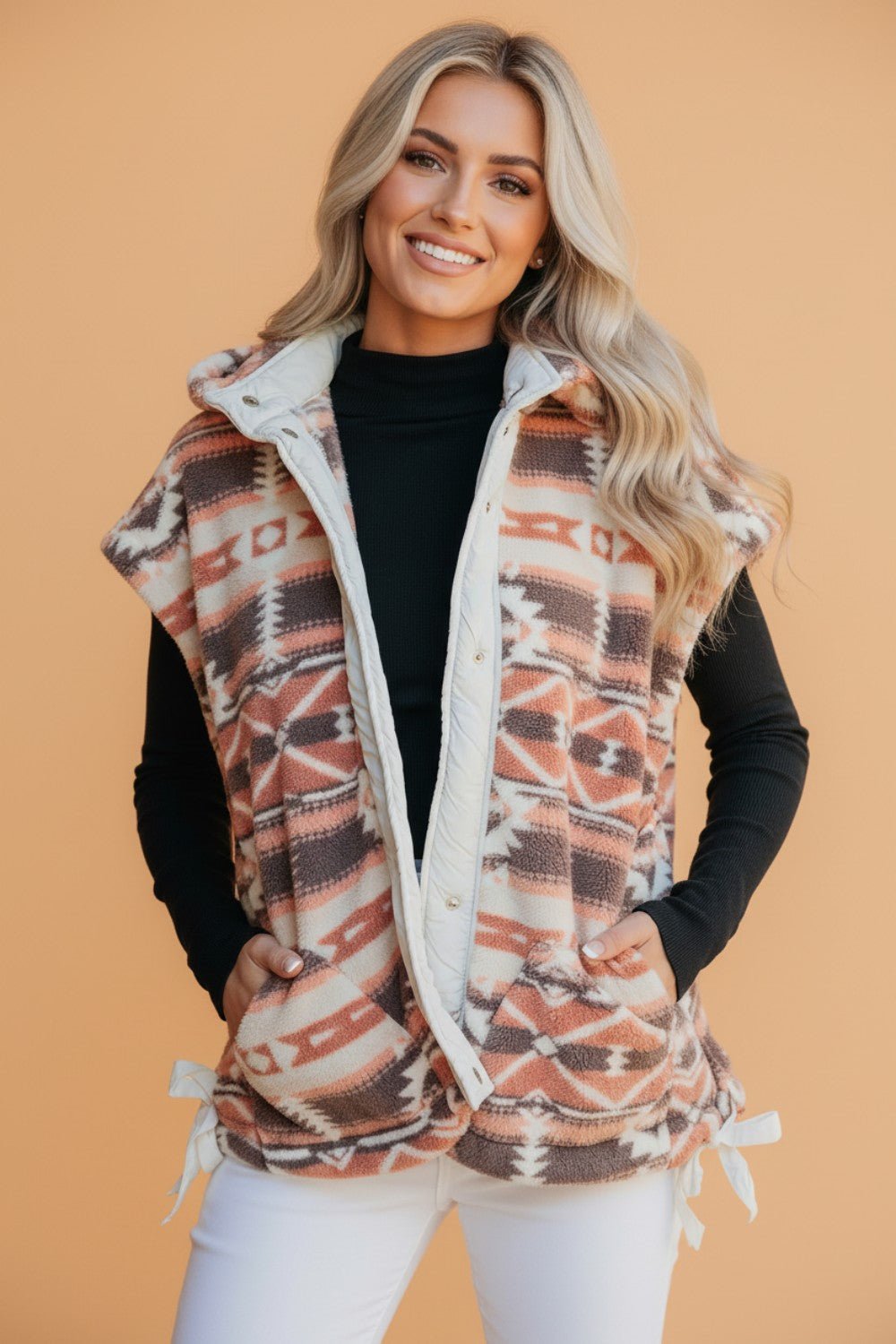 Aztec Fleece Buttoned Placket Side Tie Vest - Rooted & Reckless Co.