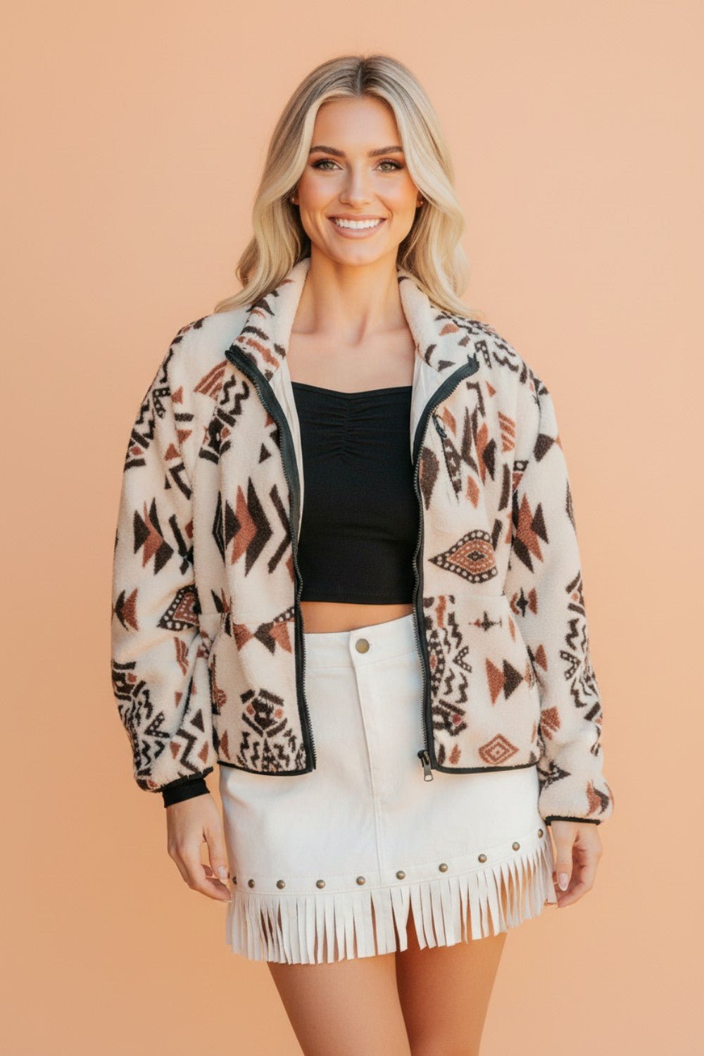 Aztec Fleece Zip Up Collar Long Sleeve Jacket - Rooted & Reckless Co.