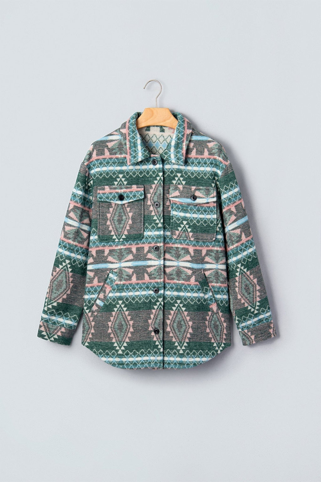 Aztec Geometric Long Sleeve Button Front Shacket - Rooted & Reckless Co.