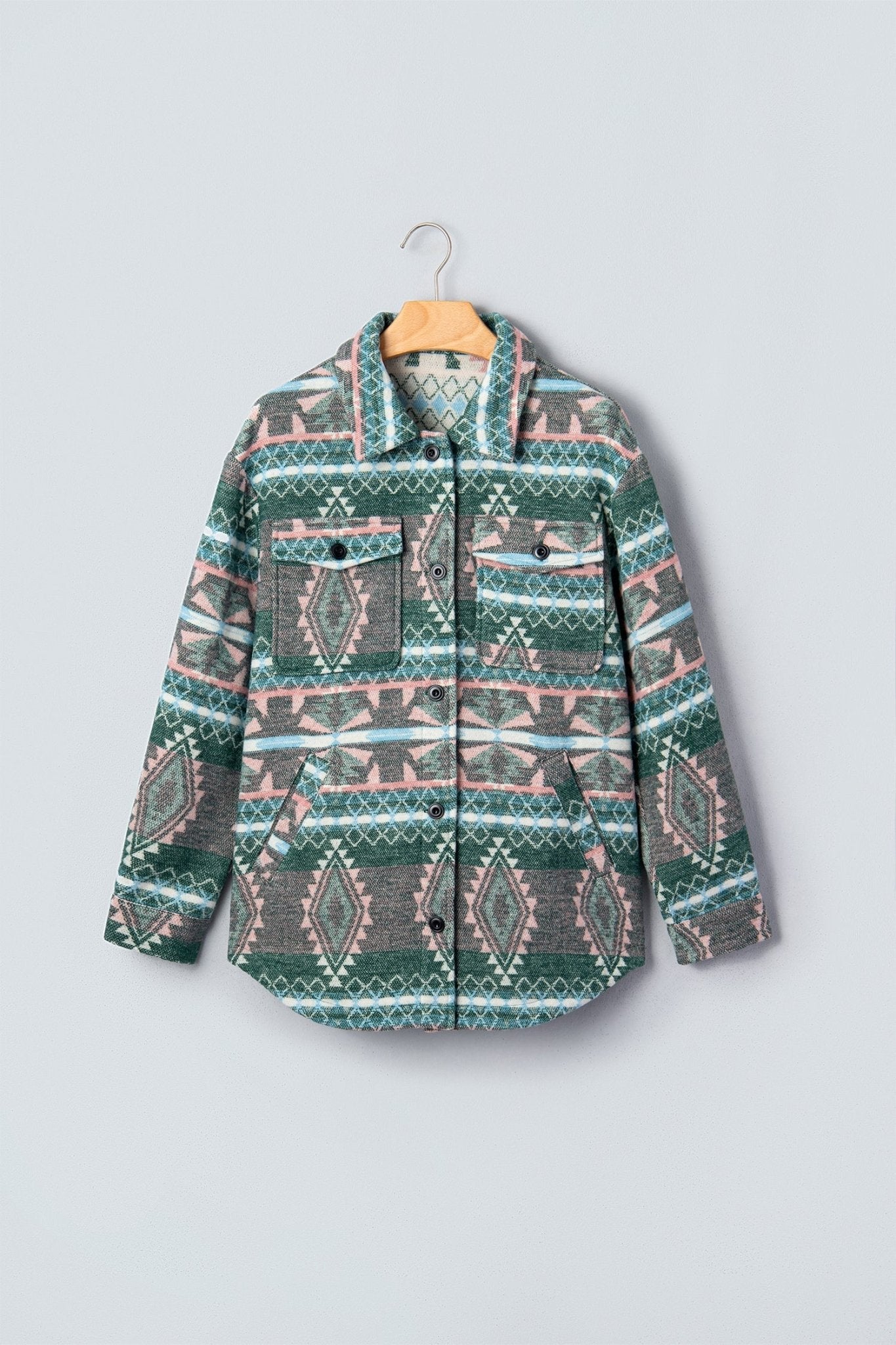 Aztec Geometric Long Sleeve Button Front Shacket - Rooted & Reckless Co.