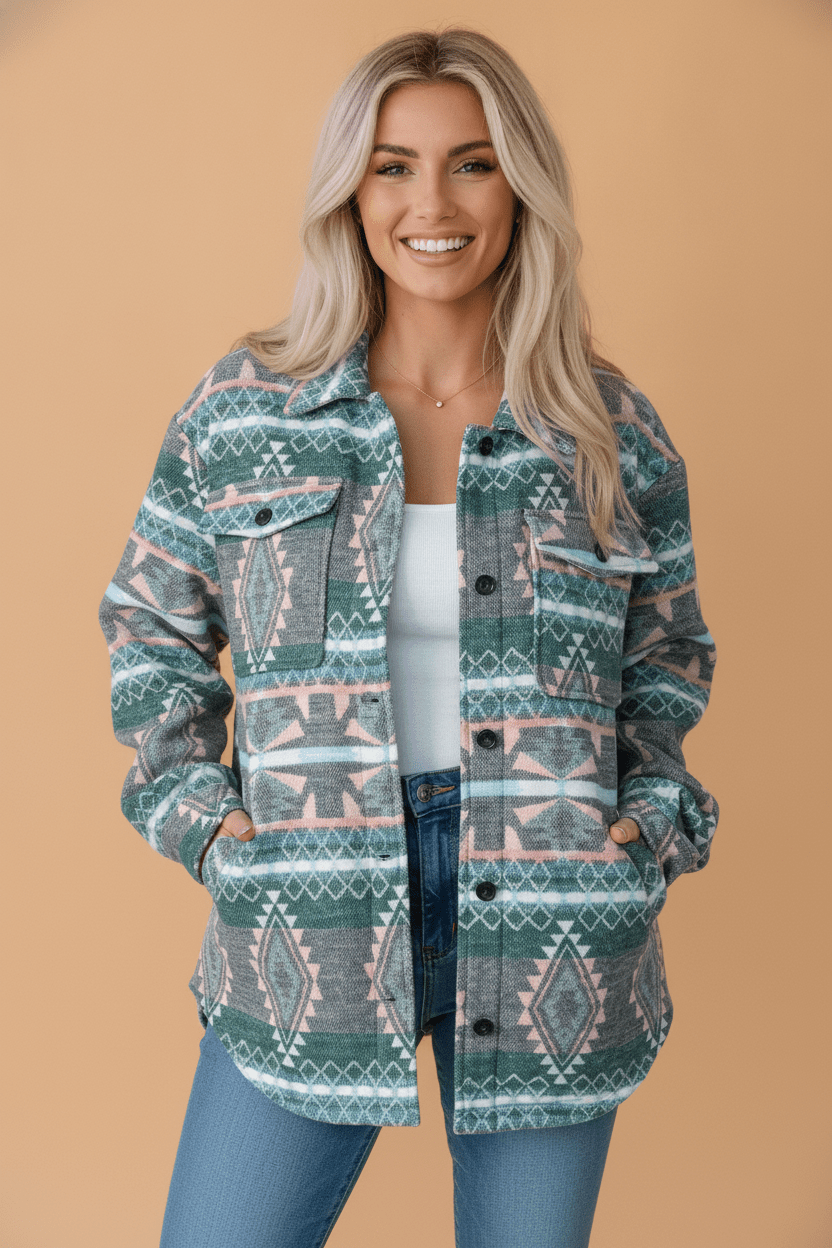 Aztec Geometric Long Sleeve Button Front Shacket - Rooted & Reckless Co.