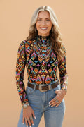 Aztec Mesh Mock Neck Long Sleeve Top - Rooted & Reckless Co.