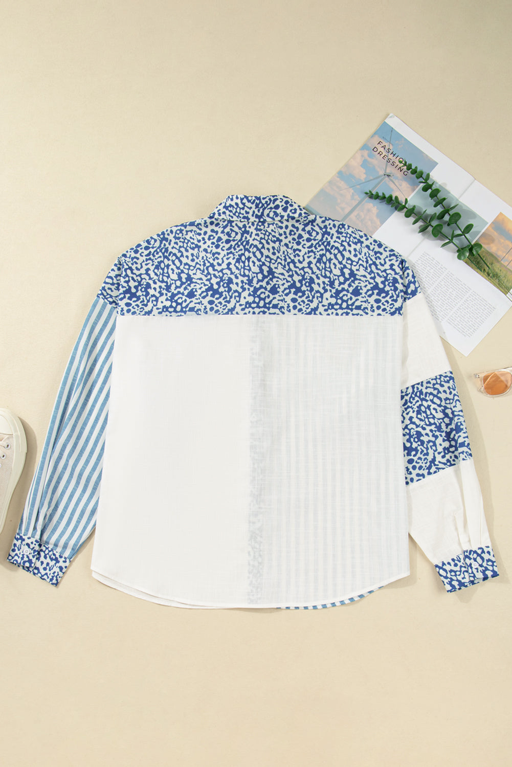 Plus Size Leopard Stripe Patchwork Button-Up Shirt