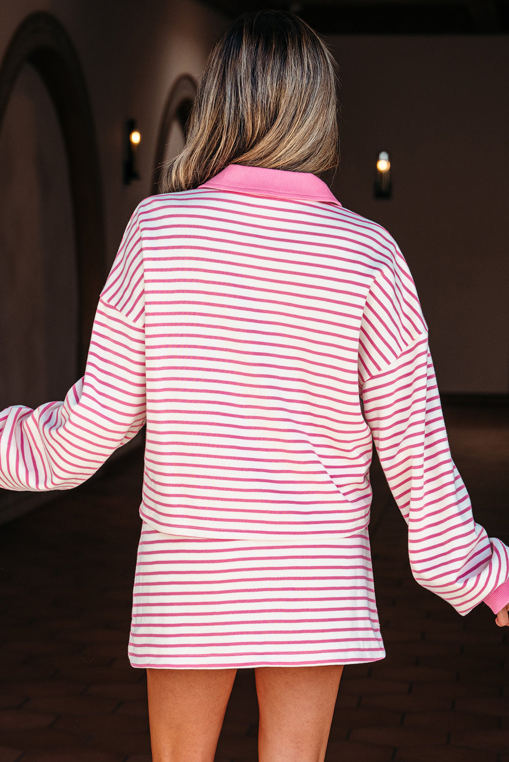 Stripe Collared V-Neck Pullover and Skort Set