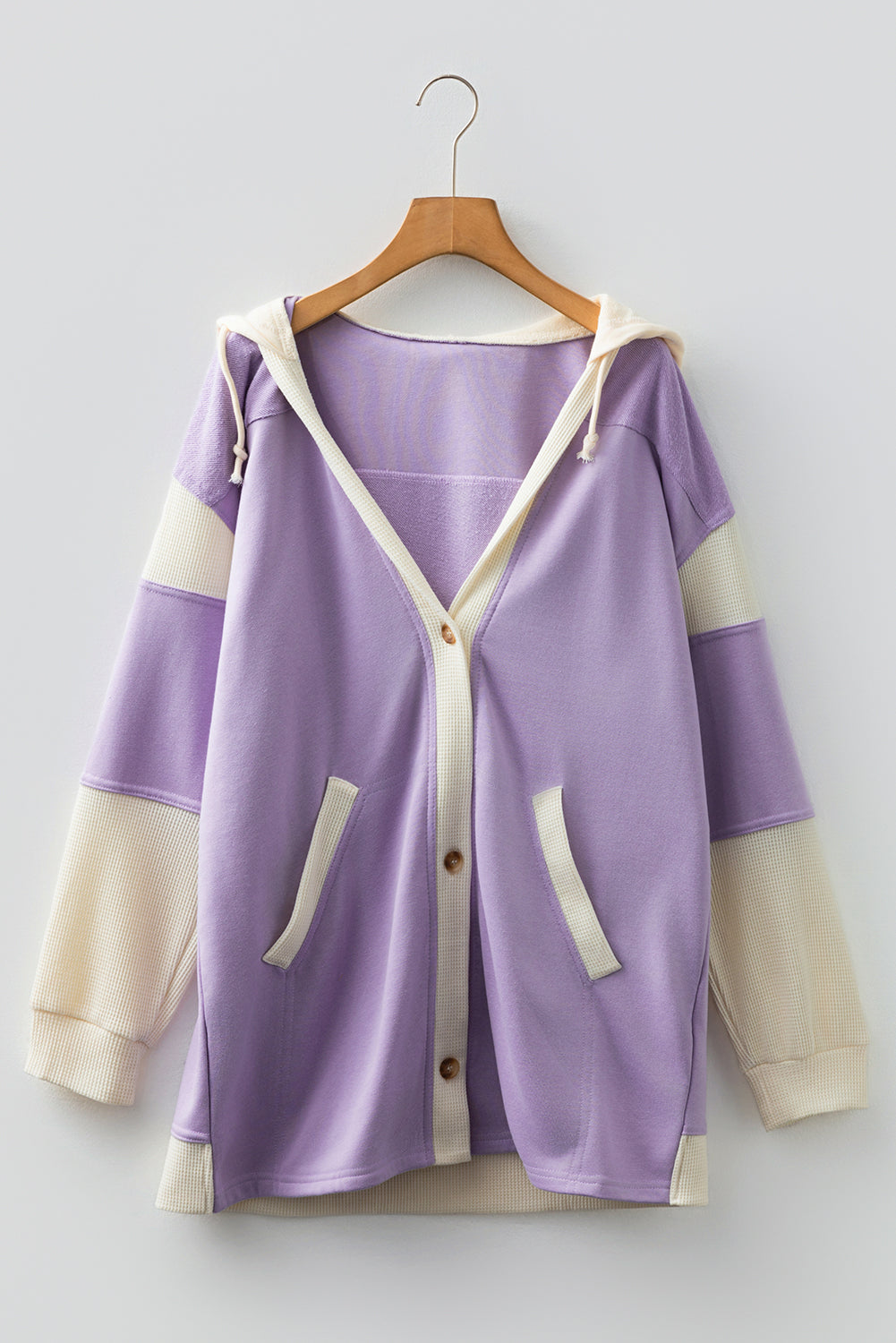 Waffle Knit Colorblock Patchwork Buttoned Hoodie