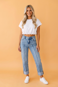 Denim Center Seam Cuffed Hem Straight High Waist Jeans
