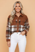 Plaid Corduroy Patchwork Chest Pocket Buttoned Shacket