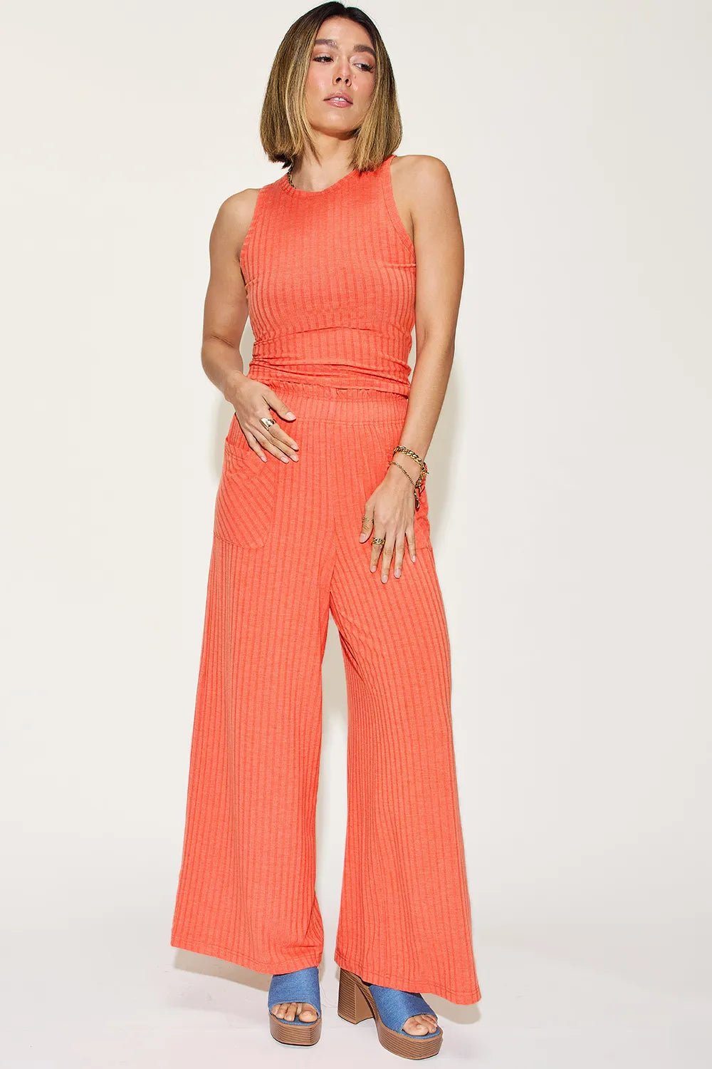 Basic Bae Full Size Ribbed Tank and Wide Leg Pants Set - Rooted & Reckless Co.