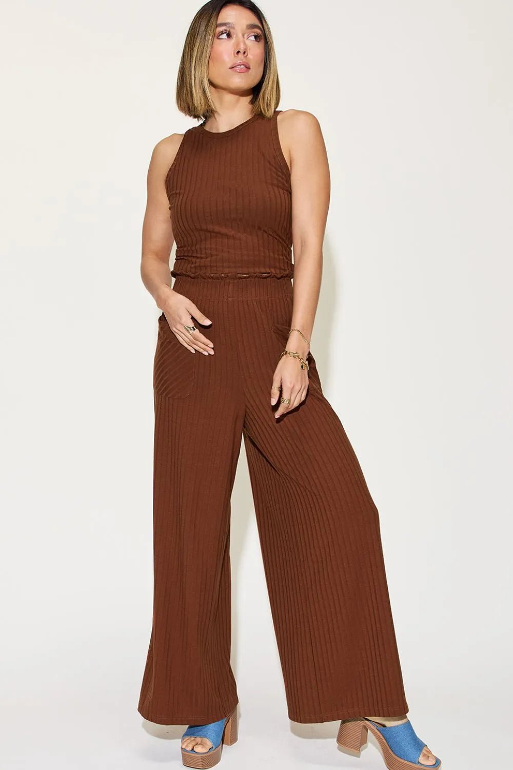 Basic Bae Full Size Ribbed Tank and Wide Leg Pants Set - Rooted & Reckless Co.