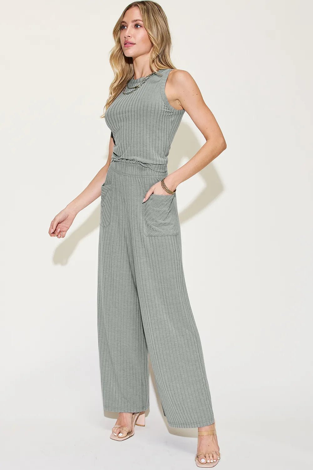 Basic Bae Full Size Ribbed Tank and Wide Leg Pants Set - Rooted & Reckless Co.