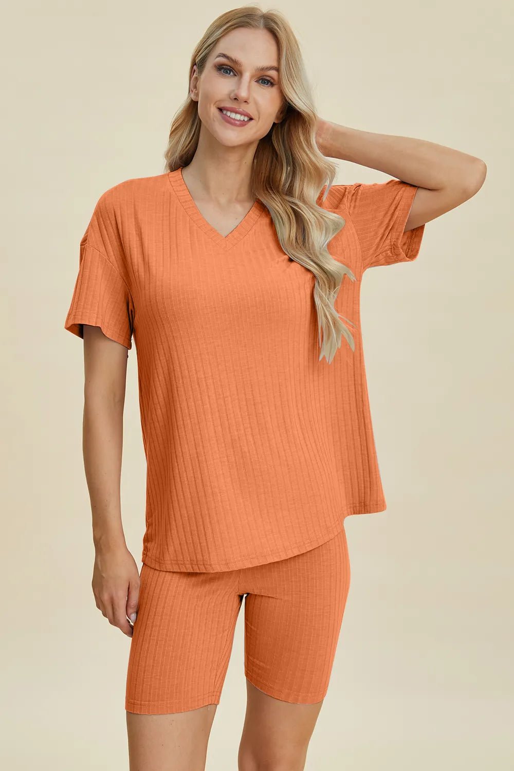 Basic Bae Full Size Ribbed V-Neck Short Sleeve Top and Shorts Set - Rooted & Reckless Co.