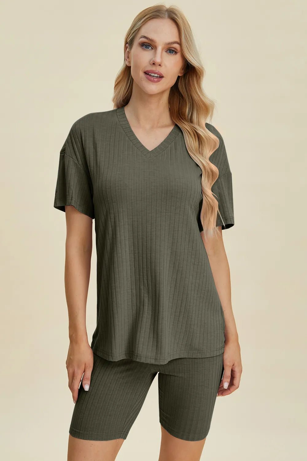 Basic Bae Full Size Ribbed V-Neck Short Sleeve Top and Shorts Set - Rooted & Reckless Co.