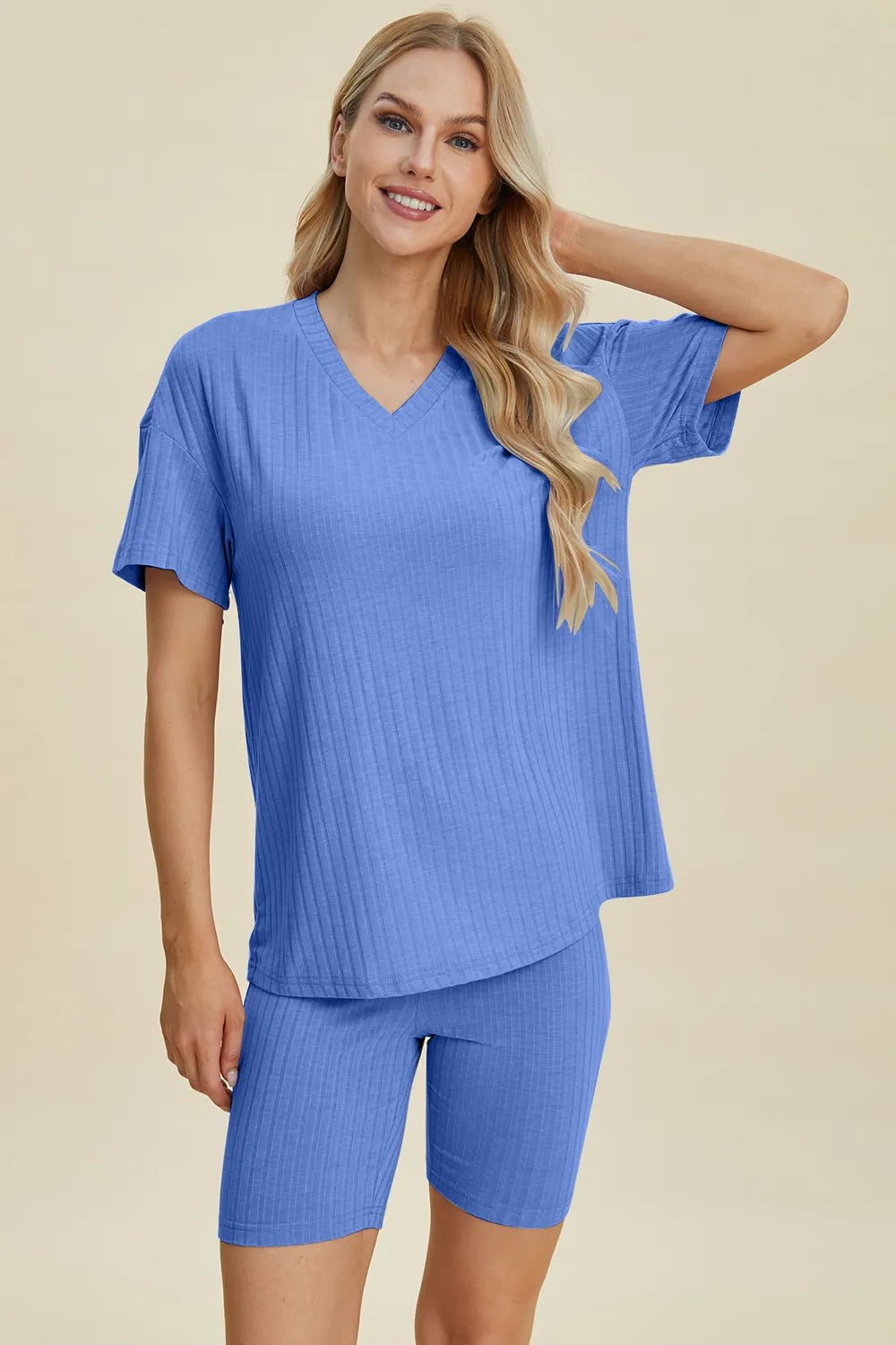 Basic Bae Full Size Ribbed V-Neck Short Sleeve Top and Shorts Set - Rooted & Reckless Co.