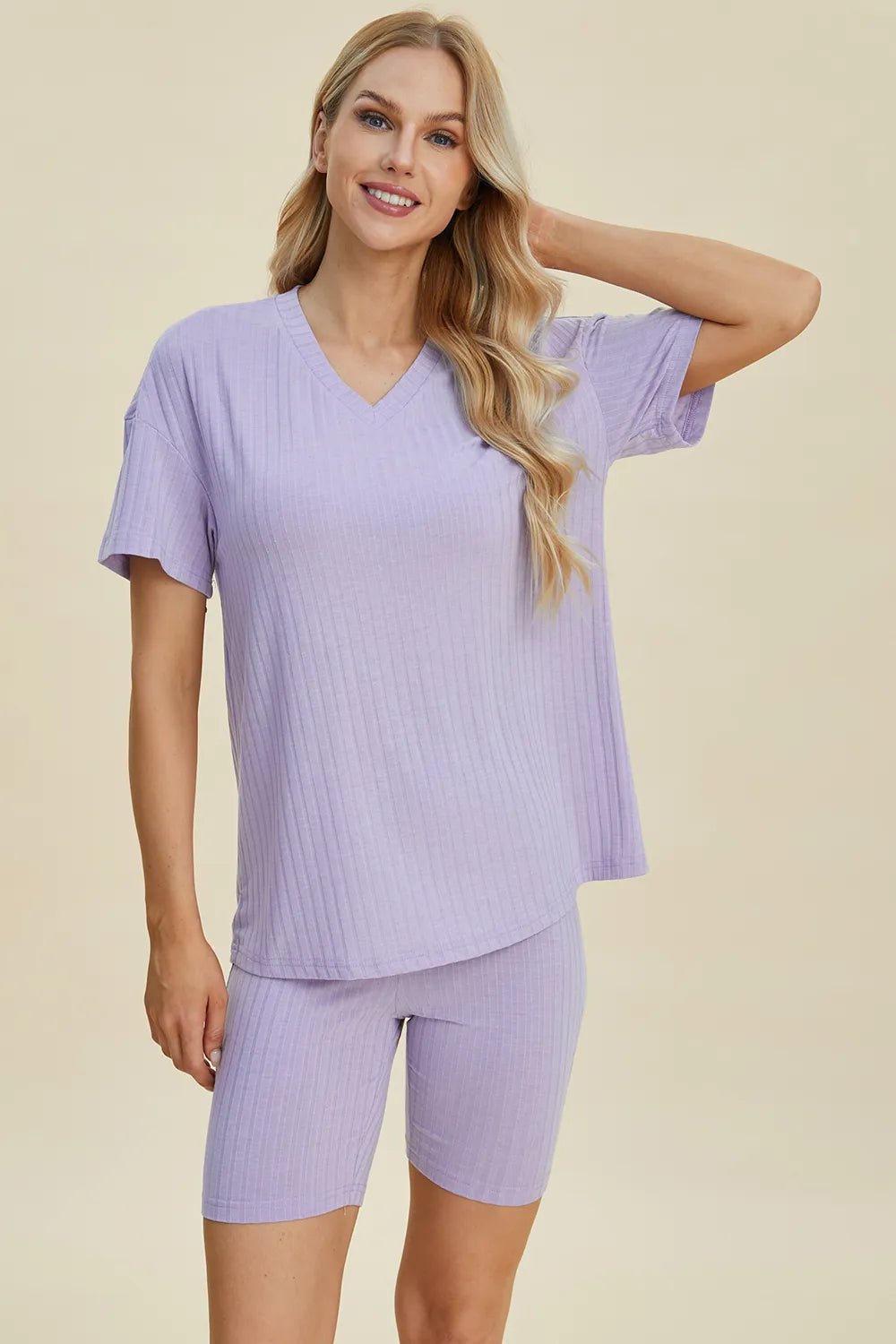 Basic Bae Full Size Ribbed V-Neck Short Sleeve Top and Shorts Set - Rooted & Reckless Co.
